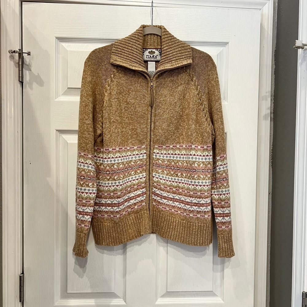 Tiara International Cardigan Ramie Cotton Fair Isle Tan Nordic Cottagecore Y2K L